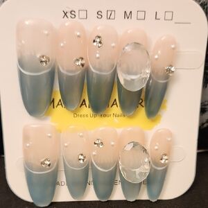 Elegant Blue and Nude Press-On Nails with Rhinestones